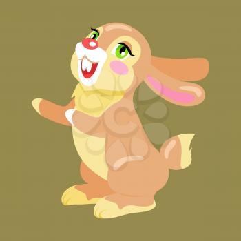 Milk chocolate bunny with paws up isolated on background. Vector illustration of sweet gifts on easter. Nice sweetness in form of holiday mascot. Festive emblem of hare animal in cartoon style