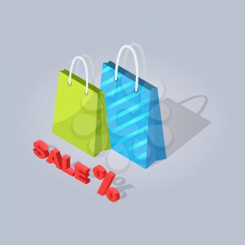 Sale promotion picture with striped blue and green shopping bags isolated on grey background with red sign. E commerce advertising vector illustration. Big discount for Internet shops products.