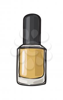 Gold nail varnish in bottle with black lid isolated on background. Fashionable and glamorous nail polish for elegant manicure vector illustration. Modern trendy beauty tool image.