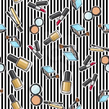 Makeup products set seamless pattern. Cosmetics. Nail polish. Face powder in round back case with mirror. Eyeshadows palette. Face Brush. Red lipstick. Striped background. Endless texture. Vector
