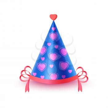 Bright blue festive cap with pink hearts and ribbon isolated on white background. Funny party accessory vector illustration. Holiday headgear for festive mood and having fun. Dress up for celebration.