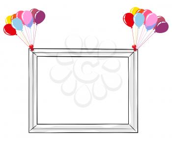 Black and white photo frame with colorful balloons isolated on white background. Simple square shape frame with paper sticks. Decorative framework vector illustrations in flat style design