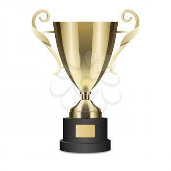 Golden shiny trophy cup with curly handles isolated on white background. Tournament first place prise vector illustration. Standard design of metal goblet. Award for outstanding achievement.