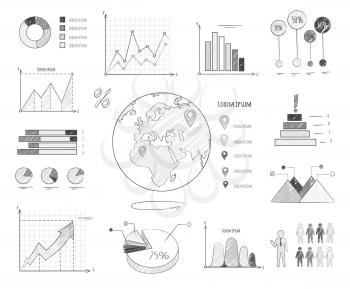Earth population statistics charts isolated on white background. Planet model and statistic data with discription vector illustration. Colorful graphics and diagrams for presentation visualization.