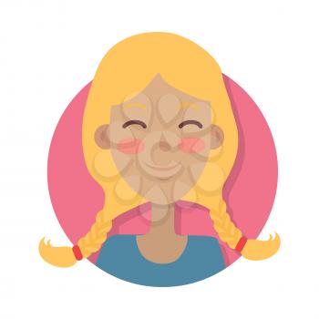 Woman face emotive icon. Smiling cute blonde female character with pigtails and rosy cheeks isolated flat vector illustration. Happy human psychological portrait. Positive emotions user avatar