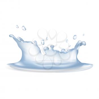 Water splash with flying droplets in different directions after fallen raindrop on white background vector illustration.