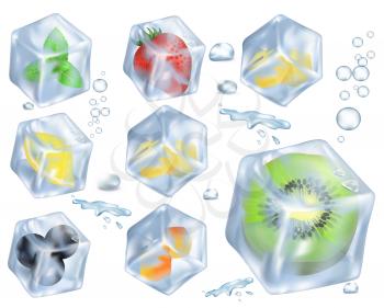 Red strawberry, half of kiwi, ripe blueberries, sour lemon and green mint in ice cubes isolated vector illustration on white background.