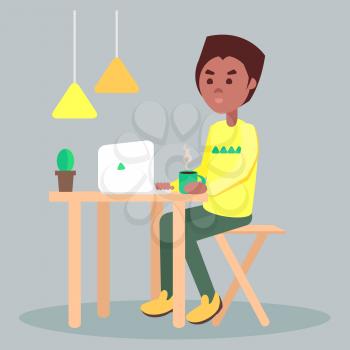 Freelancer working on computer at home or in cafe. African american men seating at the wooden table with cup of coffee and laptop flat vector. Internet browsing at comfortable workplace illustration