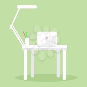White notebook, table lamp and several pencils and pens on workplace. Futuristic workspace vector illustration. White desk with computer and lamp on it isolated on green background cartoon style
