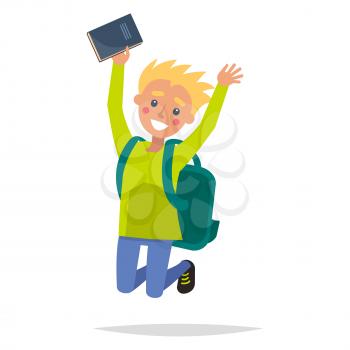 Jumping fair-haired youngster with blush on cheeks isolated on white. Dynamic boy holding blue classbook in one hand. Turquoise backpack on male shoulders. Vector illustration flat and shadow theme