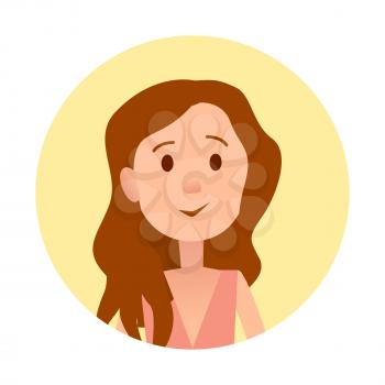 Pretty female in beige blouse with loose wavy hair close-up icon in yellow circle. Vector illustration of woman's portrait on white background.