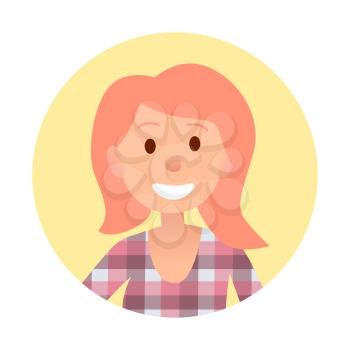Redhead girl with broad smile in checkered shirt portrait in yellow circle isolated vector illustration on white background.