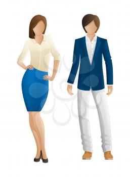 Man and woman faceless fashion models. New spring autumn collection outlook. Woman in blouse and blue skirt and man in fashionable jacket and trousers. Avatar of anonymous profile, vector characters