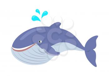 Blue whale cartoon character. Cute whale spray water flat vector isolated on white background. Aquatic fauna. Whale icon. Animal illustration for zoo ad, nature concept, children book illustrating