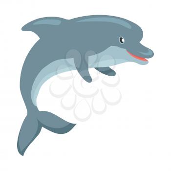 Dolphin cartoon character. Cute dolphin flat vector isolated on white background. Aquatic fauna. Dolphin icon. Animal illustration for zoo, dolphinarium ad, nature concept, children book illustrating