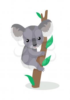 Koala cartoon character. Cute koala on eucalyptus branch flat vector isolated on white. Australian fauna. Koala icon. Animal illustration for zoo ad, nature concept, children book illustrating