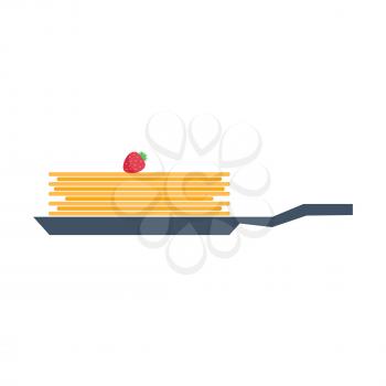 Stack of tasty pancakes on frying pan with berry on top. Pile of crepes with red Strawberry flat vector icon isolated on white. Western cuisine traditional dish for easy breakfast illustration  