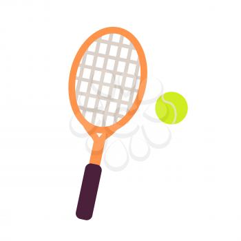 Wooden racket with mesh and tennis green ball close-up graphic art icon. Vector illustration of outdoors game isolated on white. Hand drawn pattern for infographics, websites, app in cartoon style.