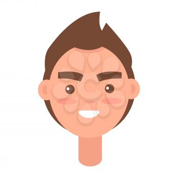 Male cartoon character face with pink cheeks smiling with teeth isolated on white background. Man head with modern haircut expressing happiness vector illustration. Human avatar portrait flat image.
