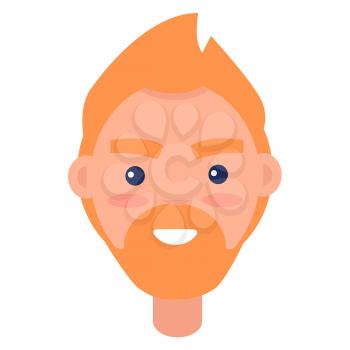 Male cartoon redhead character isolated on white background. Man head with beard and thick eyebrows that smiles vector illustration. Human portrait image, design of avatar or userpic in flat style