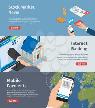 Internet banking, stock market news and mobile payments page with instructions. Banking attributes, Smartphone in arm and hands stretch out bank model from computer monitor vector illustration.