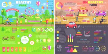 Healthy and unhealthy parks comparison infographic with diagrams, statistics and pros and cons of spending time in both vector illustration.