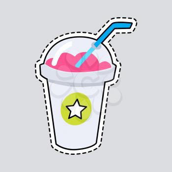 Pink smoothie in closed cup with blue straw. Cut it out. Transparent round lid. Circle with white star. Take away food. Healthy meal. Illustration of isolated cardboard glass. Flat design. Vector
