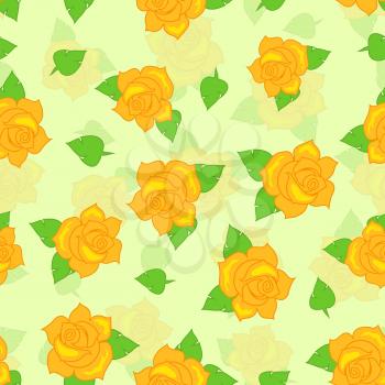 Yellow rose with green leaves seamless pattern. Illustration of isolated big blossoms in cartoon style walllpaper, wrapping paper. Fashion decoration endless texture. Floral embellishment. Vector