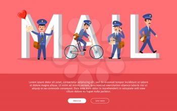 Mail conceptual web banner with cartoon postman characters. Funny postal couriers delivering letters and parcels flat vector illustration. Horizontal concept with mailman for post service landing page