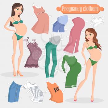 Pregnancy clothes vector illustration. Two pregnant women and set of light dresses, comfortable pants, stylish tops in dress up paper doll concept