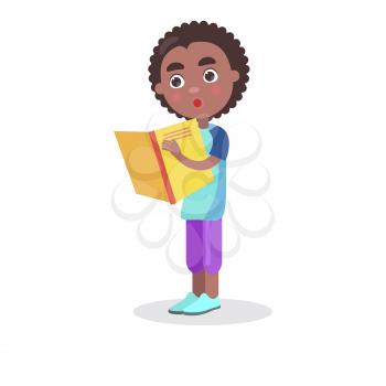 African smiling boy with textbook reads interesting enciclopedia, vector illustration dedicated to International World Book and Copyright Day