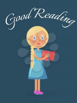 Good reading placard with little blonde girl in dress who stands and holds small book on navy background vector illustration.