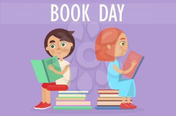Two kids sitting on pile of literature and holding color textbooks isolated on purple. Book day card vector illustration.
