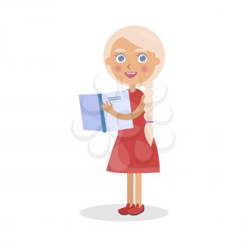 Blond girl in red dress holds open textbook vector illustration isolated. World Day of Book poster to promote reading, publishing and copyright