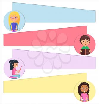 Children with books portraits in circles with big empty space for text isolated vector illustrations on white background.