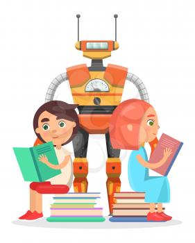 Boy and girl sit on piles of books and read, big robot with antennas stands behind isolated vector illustration on white background.