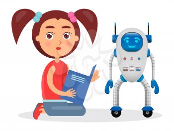 Girl with ponytails sits and reads book besides futuristic robot with electronic face, colorful buttons and antennas isolated vector illustration.
