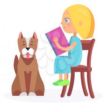 Little girl sitting on wooden chair and reading book with staffordshire terrier closeup on white background vector illustration.