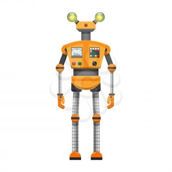 Orange robot with big artificial eyes isolated on white background. Android with pincer hands and two horns, metal head, long iron body, powerful legs fastened by black waist vector illustration.