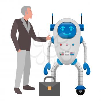 Human and robot cooperation isolated on white background. Grey-haired Man in suit and electronic robot on wheels with buttons and detectors stand near briefcase. Futuristic scene vector illustration.