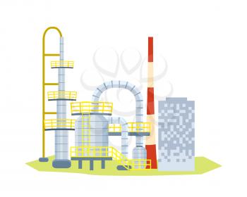 Large and powerful many stored plant on white background vector illustration. Producing and recycling people need goods in every area. Big amount of important equipment with different departments.
