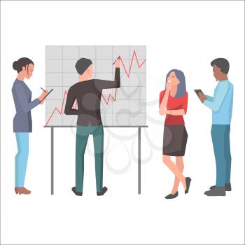 Cartoon colleagues plan their startup, draw chart and make notes isolated on white background. Team consists of modern people, two men and two women. Vector illustration of planning project process.