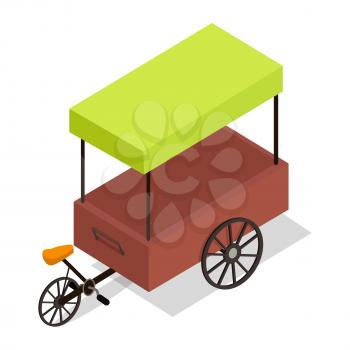 Street cart store isometric icon. Pedal-powered trolley with stall and colorful tent vector isolated on white. Movable shop on wheels illustration for mobile eatery, fast food cafe, souvenir shop ad