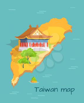 Cartoon Taiwan map with traditional Asian house and green trees with sign. Chinese island in Pacific Ocean vector illustration. China landscape on small part of world map. Trip to Oriental country.