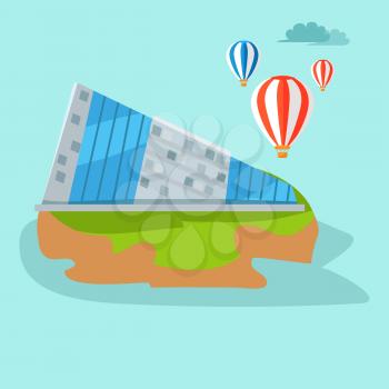 Small island near Taiwan with unusual triangular building, air balloons above in Pacific Ocean. Geographical object cartoon vector illustration. Explore exotic destinations in Oriental countries.