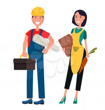 Smiling housewife and constructor. Woman in apron holds carrot and cutting board. Builder with roll of paper and tool box nearby vector