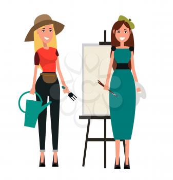 Painter with two brushes and gardener in hat holds fork and water can. Woman in dress with paints standing nearby vector illustration