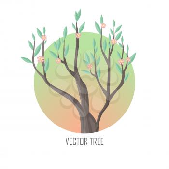 Tree with green leaves and pink flowers. Vector tree round icon. Tree forest, leaf tree isolated, tree branch nature green, plant eco branch tree, organic natural wood illustration.