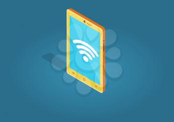 Yellow smart phone wi-fi connection flat style isolated on blue. Blue screen with white sign wi-fi symbol on mobile phone. Wireless connectivity concept. Vector illustration in cartoon design.