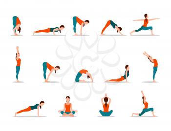 Young girl practicing yoga, set of different poses on white background. Meditation, stretching and relaxation in women positions vector illustration.